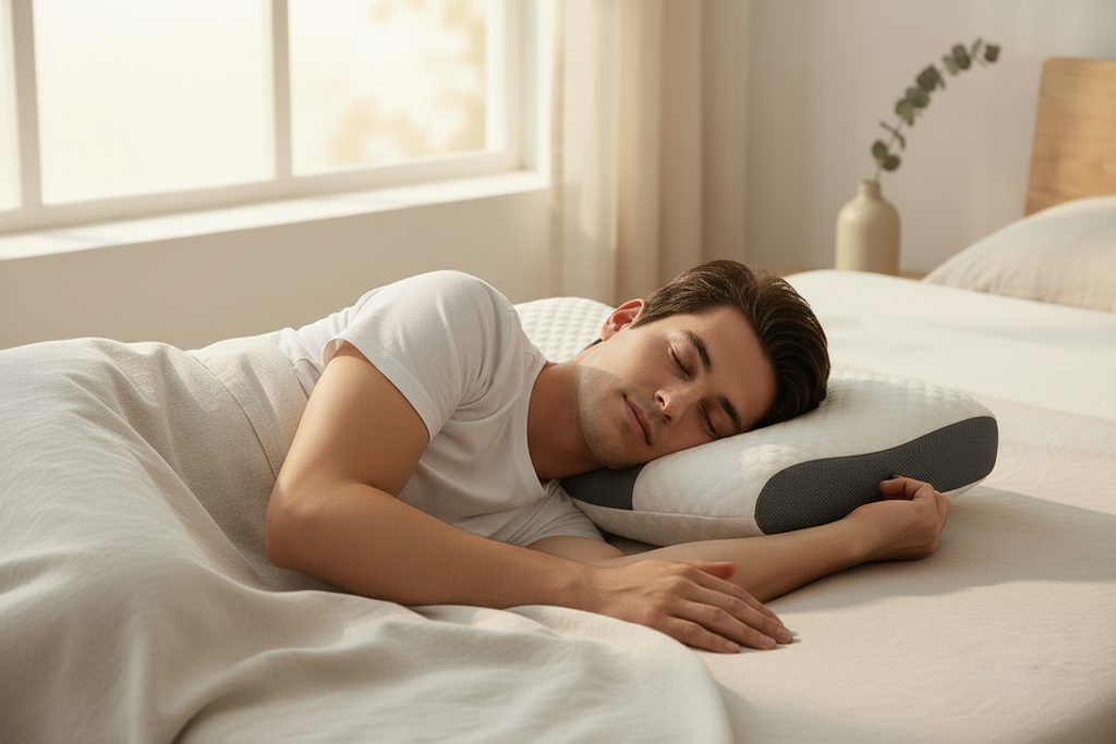 Homme dormant paisiblement sur l'oreiller orthopédique NeckEase